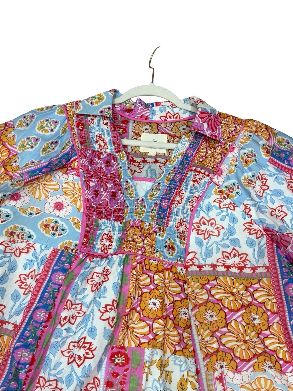 ☀️Umgee Patchwork Print Smocked Mini Dress Collared Split V-Neck Size Large Boho - Picture 9 of 11